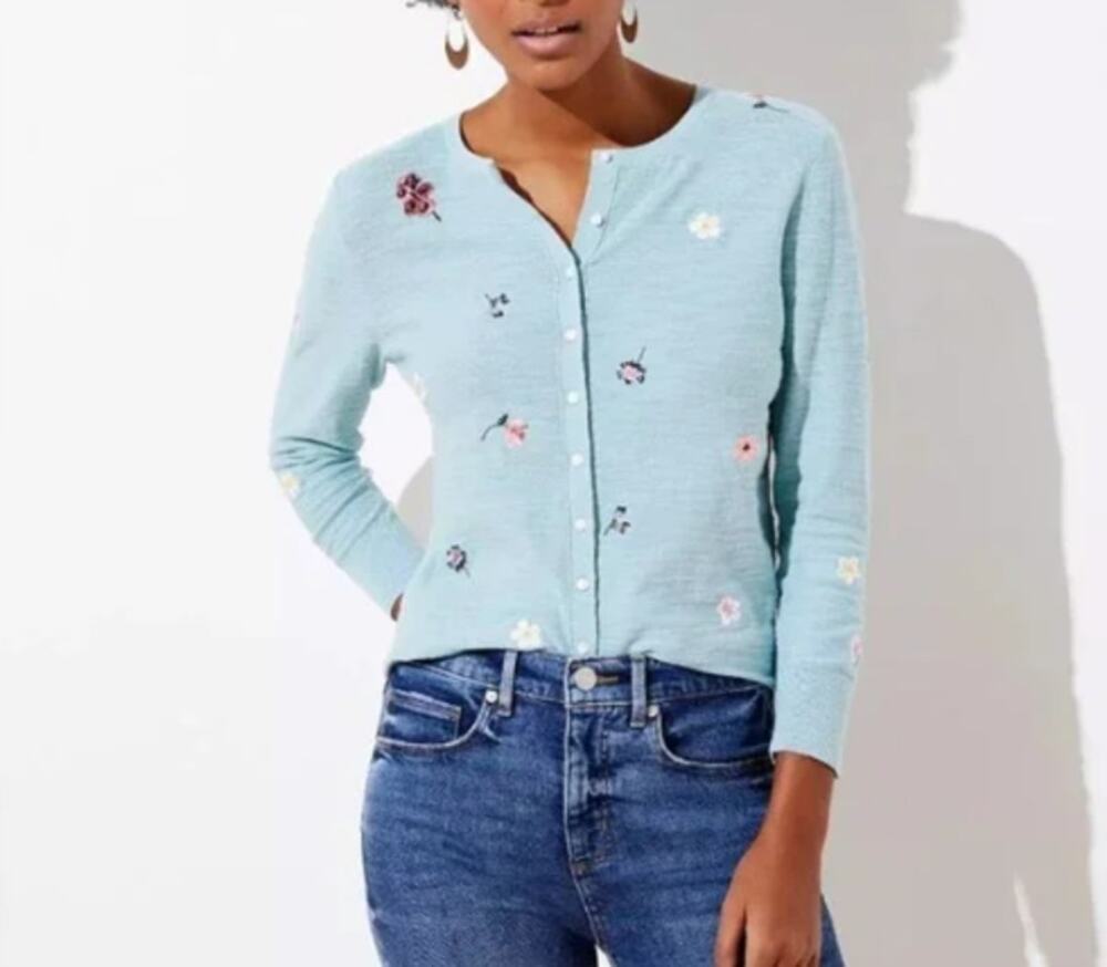 Loft Blue Embroidered Floral Cardigan Sweater Size XS